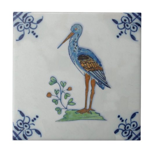 18e-eeuwse Delftse polychrome ooievaar? Heron? rep Tegeltje (Voorkant)