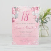 18e Glitter Verjaardag Roze & Zilveren Ballonnen Kaart (Staand voorkant)