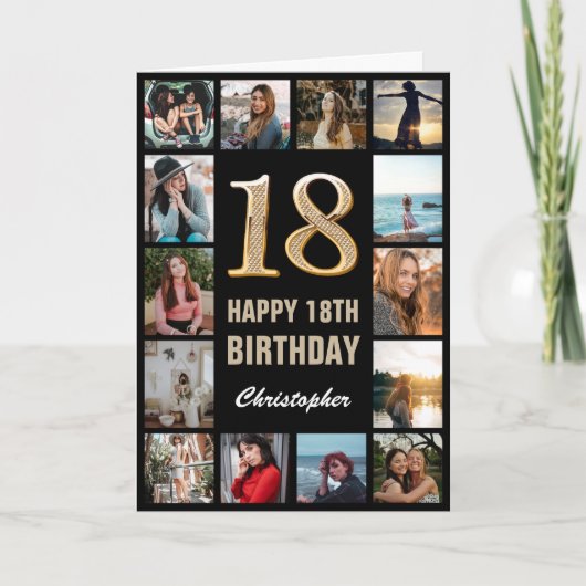 18e Happy Birthday Black en Gold Photo Collage Kaart (Voorkant)