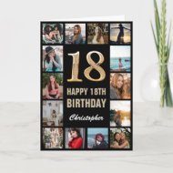 18e Happy Birthday Black en Gold Photo Collage Kaart