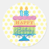 18e Happy Birthday Cake Yellow Stippen Ronde Sticker (Voorkant)
