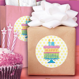 18e Happy Birthday Cake Yellow Stippen Ronde Sticker