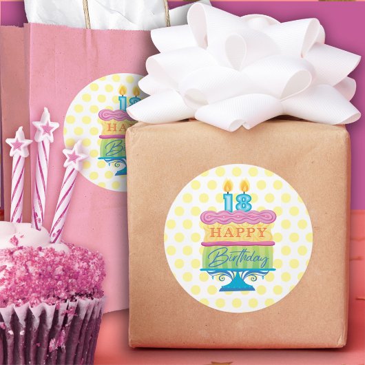 18e Happy Birthday Cake Yellow Stippen Ronde Sticker