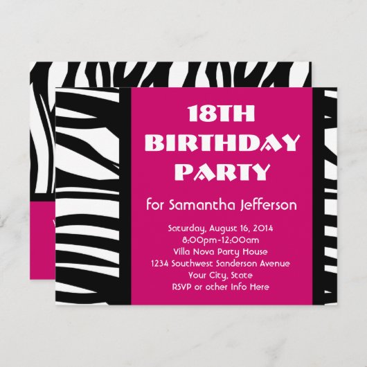 18e Hot Pink Zebra Uitnodigingen (Voorkant / Achterkant)