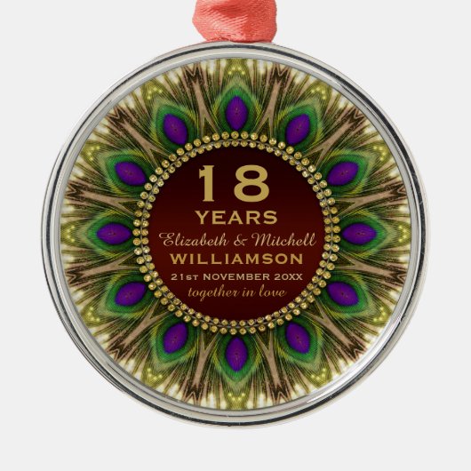 18e Jubileum Peacock Feather Mandala Memento Metalen Ornament (Voorkant)