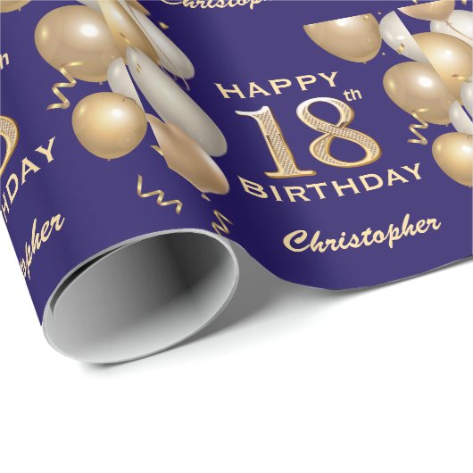 18e marineblauw en goudballonnen cadeaupapier (Rol Hoek)