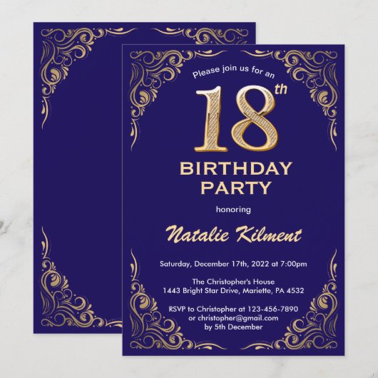 18e marineblauw en goudglitter-Lijst Kaart (Voorkant / Achterkant)