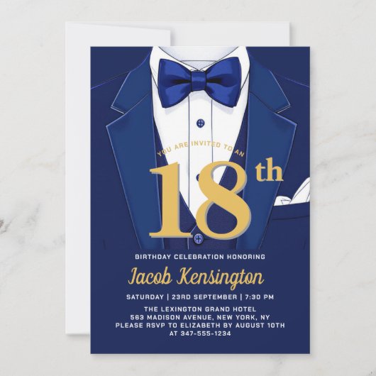 18e Navy Blue en Gold Tuxedo verjaardagsevenement Kaart (Voorkant)