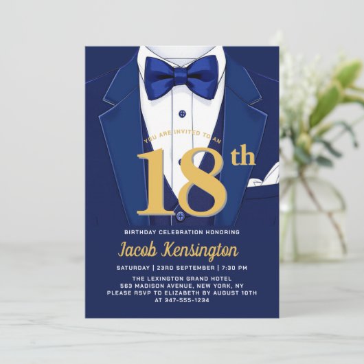 18e Navy Blue en Gold Tuxedo verjaardagsevenement Kaart (Staand voorkant)