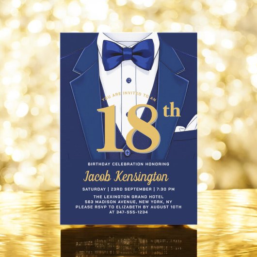 18e Navy Blue en Gold Tuxedo verjaardagsevenement Kaart