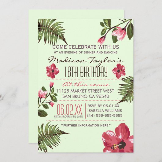 18e Partij Exotische Hibiscus & Tropische Palmblad Kaart (Voorkant / Achterkant)