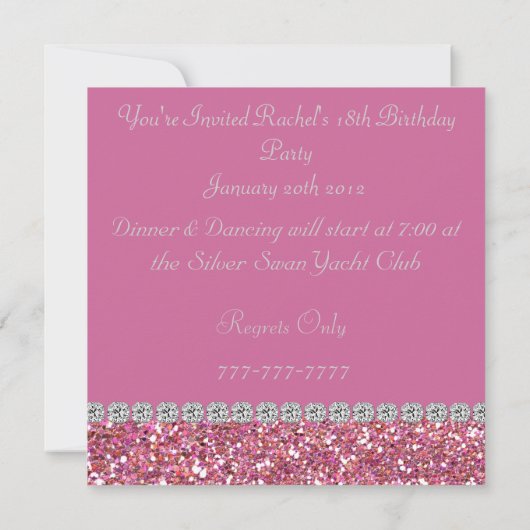 18e PINK BLING Birthday Party Invitation Kaart (Achterkant)