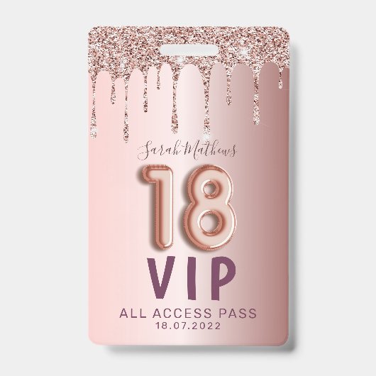 18e Roos Gold Glitter Drips Birthday Invitation Badge (Voorkant)