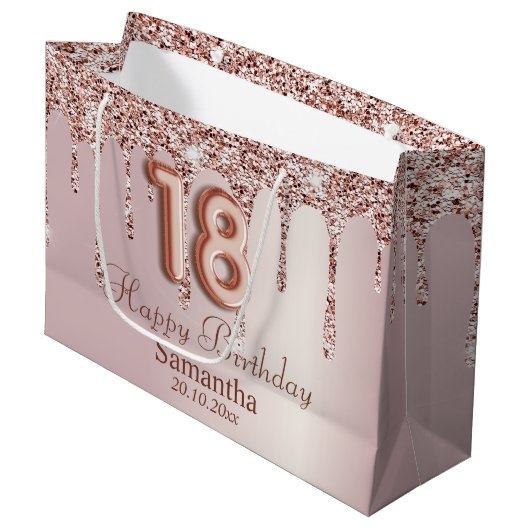 18e 's avonds Roos Gold Glitter-schijven Groot Cadeauzakje (Voorkant Gekanteld)