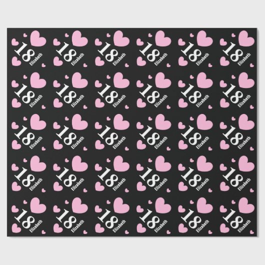 18e tiende verjaardag Eigen naam PINK HEARTS A01 Cadeaupapier (Vlak)