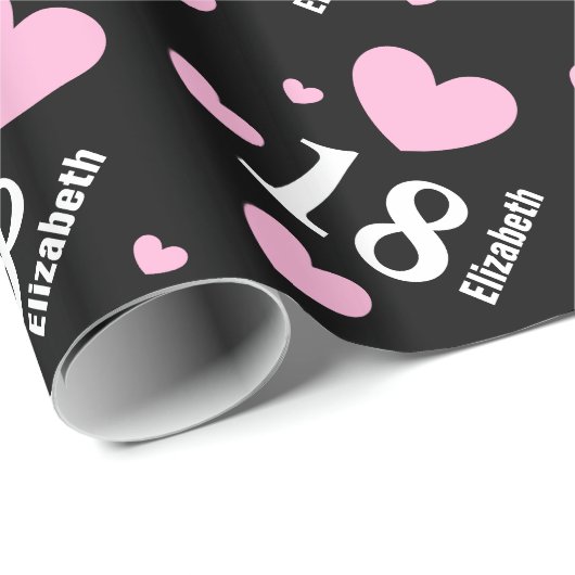 18e tiende verjaardag Eigen naam PINK HEARTS A01 Cadeaupapier (Rol Hoek)