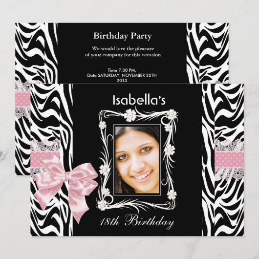 18e tienerdag Pink Black White Zebra Kaart (Voorkant / Achterkant)