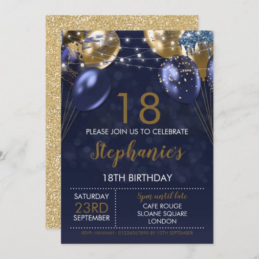 18e Uitnodigen Navy Gold Verjaardag Uitnodiging (Voorkant / Achterkant)