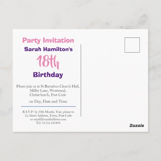 18e uitnodiging van de Birthday Party (Achterkant)