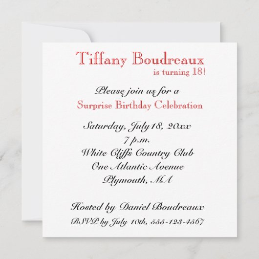 18e uitnodiging van de Birthday Party - Red (Achterkant)