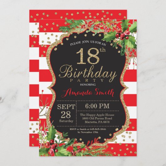 18e uitnodiging van de verjaardag. Kerstrood zwart (Voorkant / Achterkant)