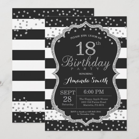 18e uitnodiging van de verjaardag. Zwart en zilver (Voorkant / Achterkant)