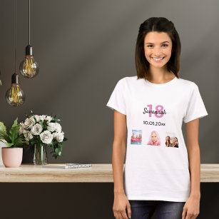 18e verjaardag aangepast fotoroze monogram meisje t-shirt
