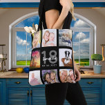 18e verjaardag aangepaste foto collage meisje zwar tote bag<br><div class="desc">Een unieke gave voor de achttiende verjaardag van een meisje, die haar leven viert met een collage van acht van je eigen foto's, afbeeldingen. Geef haar naam, leeftijd 18 jaar en datum een persoonlijk tintje. Een zwarte achtergrond. Grijze en witte letters en cijfers. De naam wordt geschreven met een modern...</div>