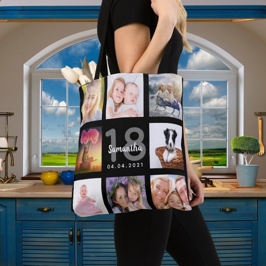 18e verjaardag aangepaste foto collage meisje zwar tote bag