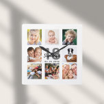 18e verjaardag aangepaste foto collage meisjesmijl vierkante klok<br><div class="desc">Een muurklok als geschenk voor een achttiende verjaardag voor een meisje,  jonge vrouw,  die haar leven viert met een collage van acht van je foto's.  Pas een naam,  leeftijd 18 en een datum aan en voeg deze toe.  Geboortedatum of -datum.  Zwarte en grijze gekleurde letters.  Een witte achtergrond.</div>