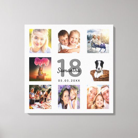 18e verjaardag aangepaste foto collage wit monogra canvas afdruk (Voorkant)