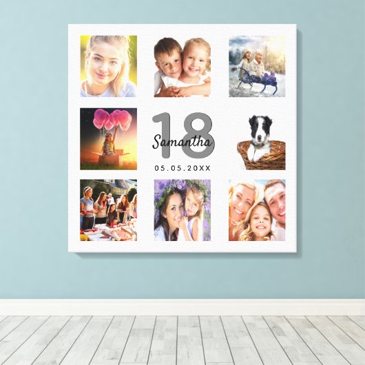 18e verjaardag aangepaste foto collage wit monogra canvas afdruk (Insitu (Houten vloer))