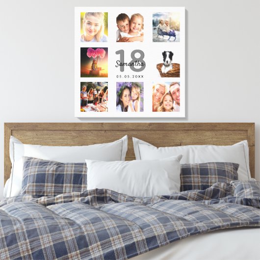 18e verjaardag aangepaste foto collage wit monogra canvas afdruk (Insitu (Slaapkamer))