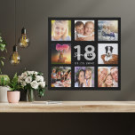 18e verjaardag aangepaste foto collage zwart monog imitatie canvas print<br><div class="desc">Een unieke 18e verjaardagsgeschenk of -hoed, die haar leven viert met een collage van 8 van je foto's. Voeg afbeeldingen van haar familie, vrienden, huisdieren, hobbies of droomreisbestemming toe. Pas een naam, leeftijd 18 en een datum aan en voeg deze toe. Witte en grijze gekleurde letters. Een zwarte achtergrond. Dit...</div>