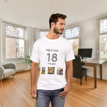 18e verjaardag aangepaste foto-monogram t-shirt<br><div class="desc">Voor een 18e verjaardag als cadeau of voor het feest. Een collage van 3 van uw foto's van zichzelf vrienden,  familie,  interesse of huisdieren. Personaliseer en voeg zijn naam,  leeftijd 18 en een datum toe. Geboortedatum of de datum van het verjaardagsfeestje. Grijs en zwart gekleurde tekst.</div>