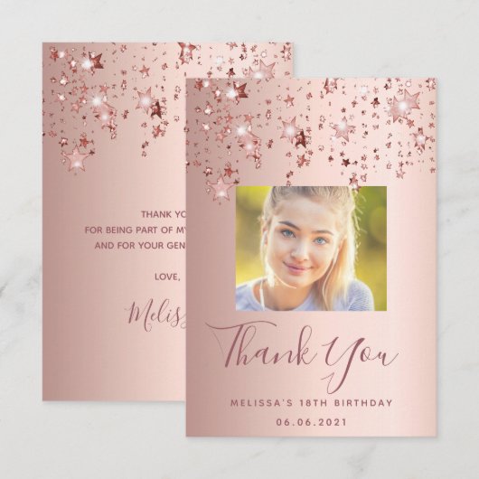 18e verjaardag aangepaste foto roos gouden roze st bedankkaart (Voorkant / Achterkant)