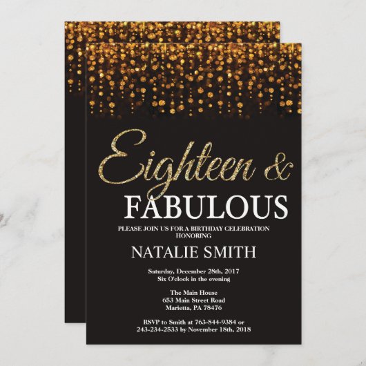 18e Verjaardag Achttien en Fabulous Gold Glitter Kaart (Voorkant / Achterkant)