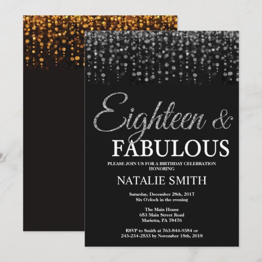 18e Verjaardag Achttien en Fabulous Silver Glitter Kaart (Voorkant / Achterkant)