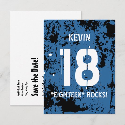 18e verjaardag Achttien Rocks BLUE Grunge F18Z Aankondigingskaart (Voorkant / Achterkant)