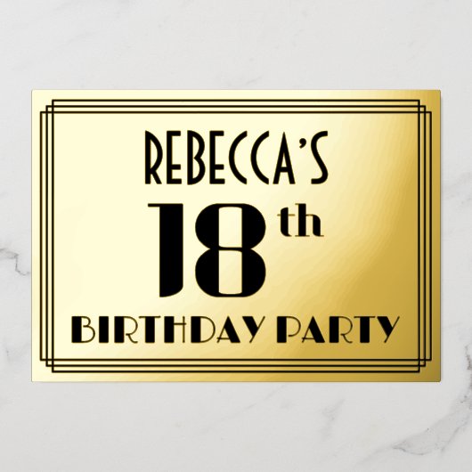 18e verjaardag: Art Deco Kijk "18" en naam Folie Uitnodiging (Voorkant)
