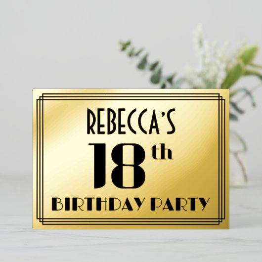 18e verjaardag: Art Deco Kijk "18" en naam Folie Uitnodiging (Staand Voorkant)