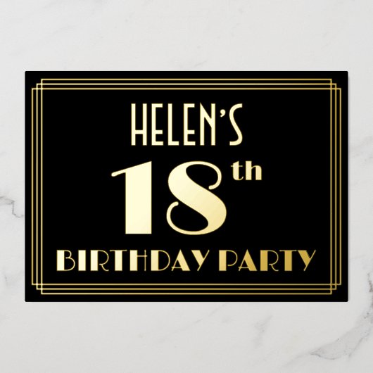 18e verjaardag: Art Deco Kijk "18", met naam Folie Uitnodiging (Voorkant)