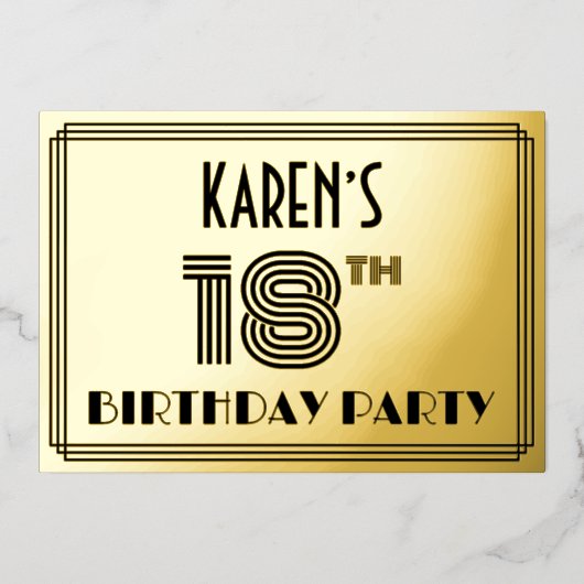 18e verjaardag — Art Deco Style "18" en naam Folie Uitnodiging (Voorkant)