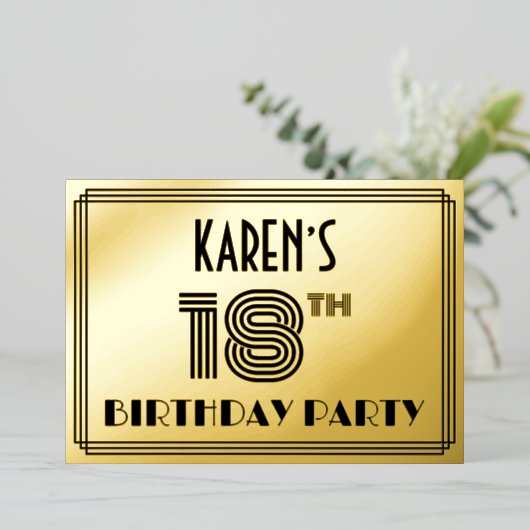 18e verjaardag — Art Deco Style "18" en naam Folie Uitnodiging (Staand Voorkant)