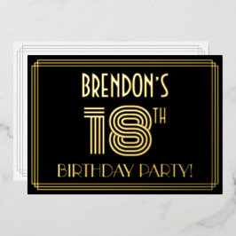 18e verjaardag — Art Deco Style "18" + Naam Folie Uitnodiging