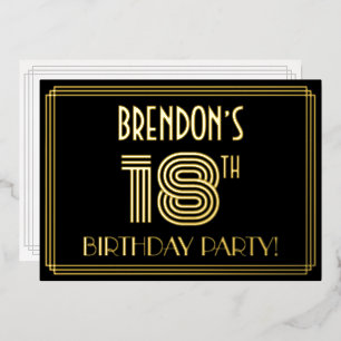 18e verjaardag — Art Deco Style "18" + Naam Folie Uitnodiging