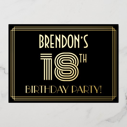 18e verjaardag — Art Deco Style "18" + Naam Folie Uitnodiging (Voorkant)