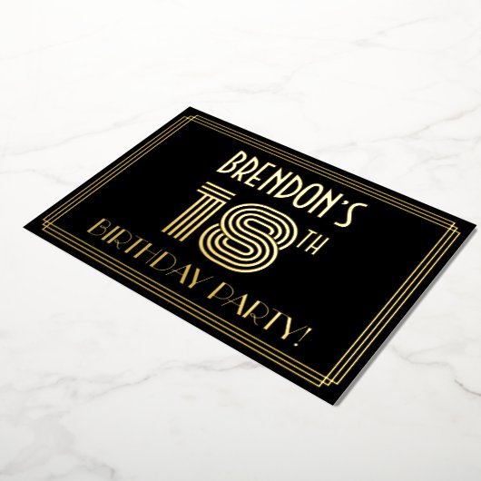 18e verjaardag — Art Deco Style "18" + Naam Folie Uitnodiging (Gedraaid)