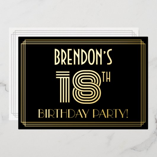 18e verjaardag — Art Deco Style "18" + Naam Folie Uitnodiging (Voorkant / Achterkant)