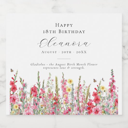 18e Verjaardag Augustus Geboorte Bloem Party Suppl Sparkling Wijnetiket (Enkel label)